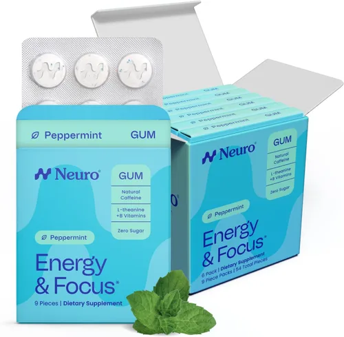 Vista 10 de Neuro Energy & Focus Gum - Goma de mascar de cafeína natural de 40 mg y suplemento energético nootrópico con L-teanina y vitaminas B, sin azúcar