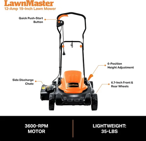 Vista 6 de LawnMaster ME1218X - Cortacésped eléctrico de 12 amperios, 19 pulgadas