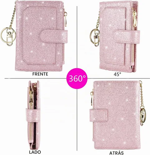 Vista 4 de Carteras para mujer RFID pequeñas y compactas de cuero con doble pliegue, con bolsillo con cremallera, medio, Compacto Purpurina púrpura claro