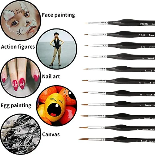 Vista 4 de Juego de 11 pinceles de pintura de detalles finos en miniatura, juego de pinceles para acrílico, acuarela, óleo, cara, uñas, pintura de modelo a