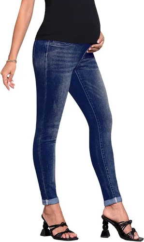 Vista 4 de Floerns Pantalones de mezclilla de maternidad de cintura alta con dobladillo rasgado, con bolsillo para mujer