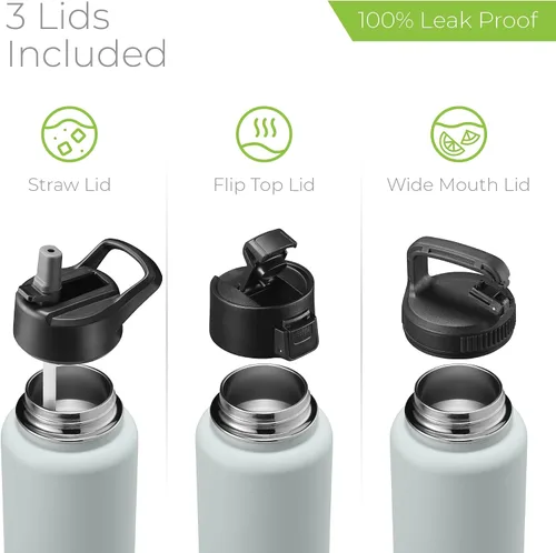 Vista 123 de SIPX™ Botella de Agua Aislada de 18 oz con 3 Tapas – Acero Inoxidable a Prueba de Fugas, Triple Aislamiento – Frío 24 Horas/Caliente 12 Horas – Negro