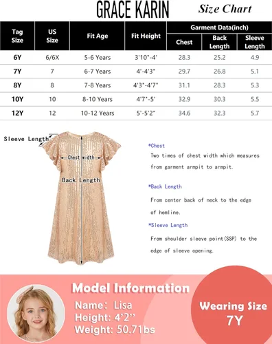 Vista 6 de GRACE KARIN Vestido de lentejuelas para niñas, manga corta, con vuelo, silueta acampanada, vestido midi con lazo para el pelo, 5-12 años
