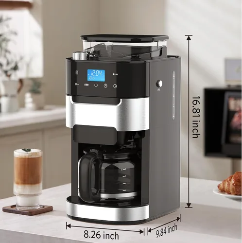 Vista 7 de Electactic Cafetera de goteo de 10 tazas con molinillo integrado, moler y preparar programable, máquinas de café con pantalla táctil LED