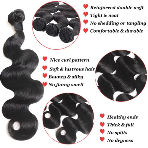 Vista 3 de Manojos de cabello humano ondulado 12A, 12, 12, 12 pulgadas, paquetes de cabello humano 100% sin procesar, 3 paquetes de extensiones de cabello