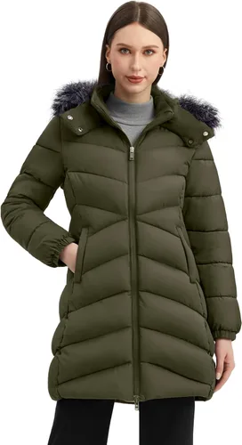 Vista 2 de Wantdo - Chamarra acolchada larga para mujer, chaqueta ligera y cálida con capucha Verde militar