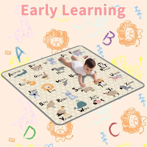 Vista 4 de Tapete de juego para bebé para suelo, tapete de corral de 50 x 50 pulgadas, suave, portátil, antideslizante, lavable a máquina, compañero de juego