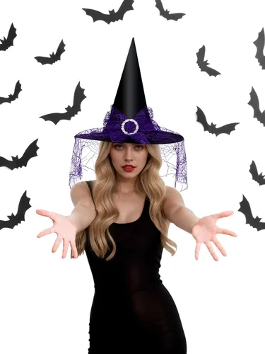 Vista 22 de Edoneery Sombrero de bruja de Halloween para mujer, encaje de malla, accesorio de disfraz de mago para fiestas de cosplay