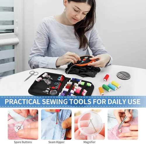 Vista 6 de Marcoon Kit de costura para adultos, kit de aguja e hilo con suministros de costura y accesorios que contiene tijeras, cinta métrica, desgarrador