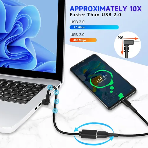 Vista 5 de Cable de extensión USB3.0 en ángulo descendente, cable de extensión USB A hembra a USB-A macho, cable extensor con contactos chapados en oro
