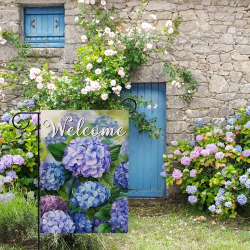 Vista 6 de Hzppyz Bandera de jardín de flores florales de primavera de bienvenida de doble cara, hortensias decorativas para patio al aire libre, decoración