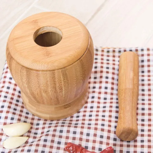 Vista 2 de Juego de mortero y mortero de bambú con tapa, molinillo de especias de cocina, herramientas de cocina para mezcla de especias de hierbas, tazón