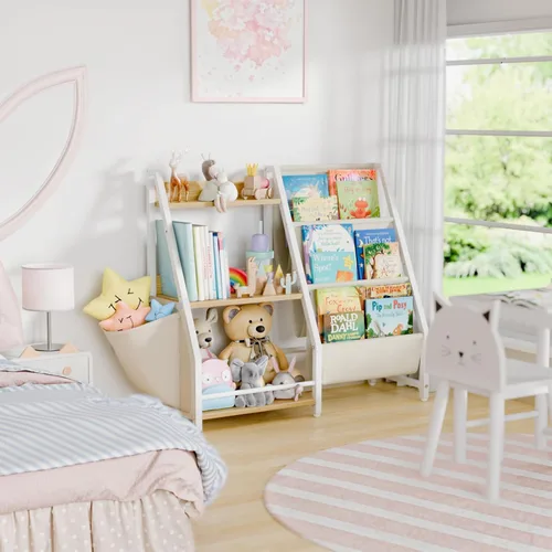 Vista 9 de LATIBELL Estantería infantil de 3 niveles y almacenamiento de juguetes, estantería Montessori para bebés, organizador de almacenamiento de juguetes