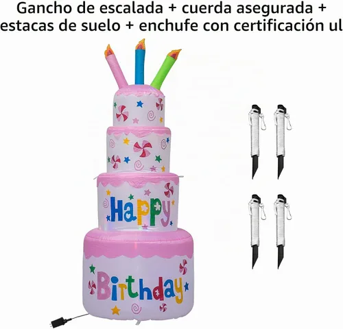 Vista 5 de AJY Pastel inflable de feliz cumpleaños de 6 pies con vela, decoración de césped para interiores y exteriores