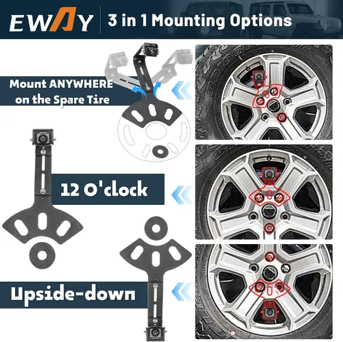 Vista 5 de EWAY Light 2.0 - Cámara de respaldo de neumáticos de repuesto para Jeep Wrangler JK Compass Commander Patriot Liberty 2007-2018, soportes ajustables