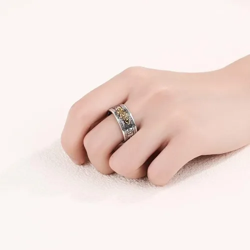 Vista 6 de Anillo vintage de plata Feng Shui Pixiu para mujeres y hombres, grabado textos budistas, alivio máximo, sapo dragón, Pixiu, camafeo, riqueza, buena
