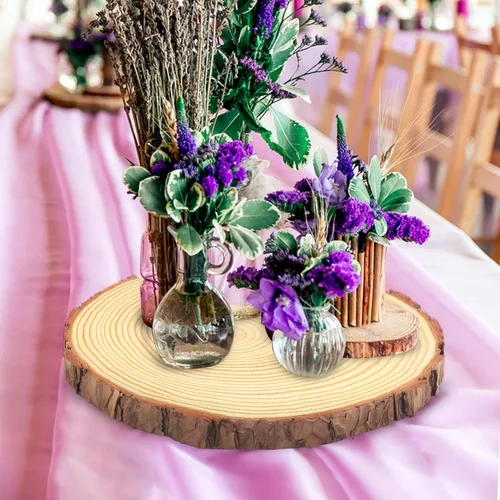 Vista 5 de 4 piezas de rodajas de madera natural de 10-12 pulgadas, círculos de madera de pino sin terminar con corteza para posavasos, manualidades DIY