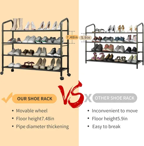 Vista 6 de Zapatero de metal con ruedas, estante de zapatos de tela no tejida, zapatero con ruedas, 4 niveles negro, adecuado para entrada, garaje