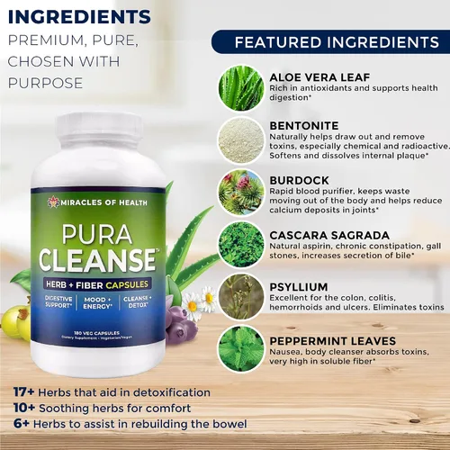 Vista 2 de Pura Cleanse Fiber Caps Cápsulas de desintoxicación de hierbas y fibra 100% naturales, limpieza diaria y desintoxicación para el colon, la piel