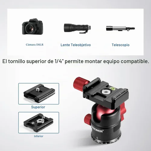 Vista 4 de NEEWER Cabezal de trípode, cabezal de bola panorámica giratoria de 360° con placa de zapata rápida de 1/4 pulgadas para trípode monopie deslizante
