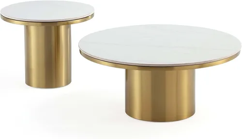 Vista 9 de Manhattan Comfort Glenn - Mesa de centro redonda con elegante parte superior de piedra sinterizada y base de acero inoxidable, diseño elegante