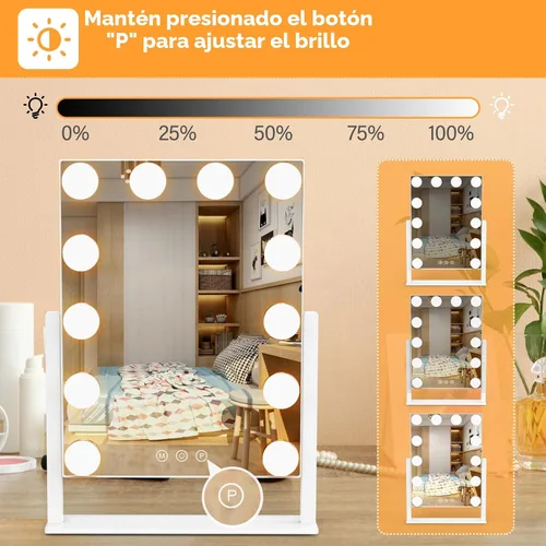 Vista 3 de Dirket Espejo de tocador con luces, espejo de maquillaje iluminado Hollywood con 3 modos de iluminación de color y 12 bombillas regulables, aumento
