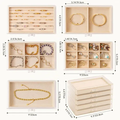 Vista 3 de Frebeauty Caja de joyas extra grande de acrílico para mujeres y niñas, organizador de aretes de terciopelo transparente de 5 capas con 5 cajones