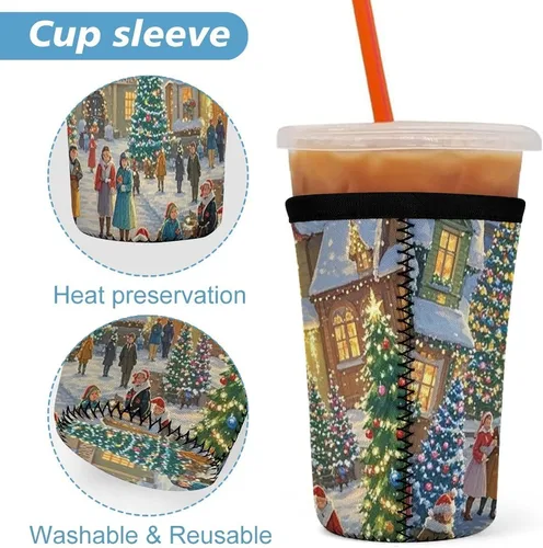 Vista 3 de Christmas-themed Town Reusable Insulated Neoprene Iced Coffee Cup Sleeves 3 Sizes Diving Material Cup Durable Beverage Covers for Cold Coffee Tea