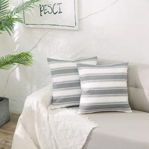 Vista 5 de Funda de almohada a rayas de lino sintético suave cuadrada decorativa con cremallera oculta para sofá, auto o dormitorio 12" x 12" Negro y blanco