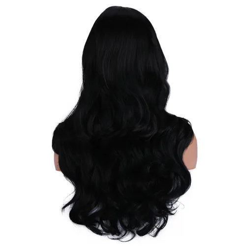 Vista 4 de RightOn Peluca negra larga ondulada negra para mujer, peluca ondulada negra para mujer, cosplay, fiesta, diario, red de pelo incluye Negro