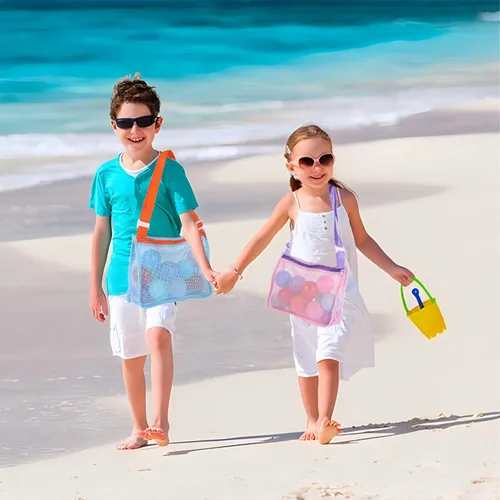 Vista 3 de UTTPLL Bolsa de playa de malla colorida ajustable para niños, bolsa de red de secado rápido para conchas marinas que recolecta arena juguete