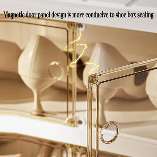 Vista 7 de Organizador plegable para zapatos, almacenamiento de zapatos apilable de 6 niveles con puerta transparente magnética, organizador grande de plástico