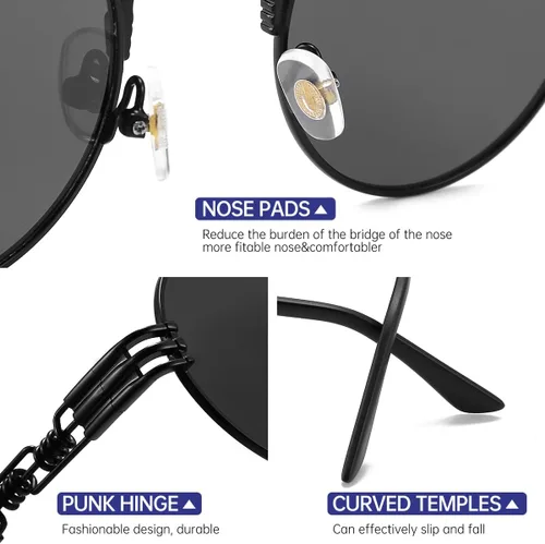 Vista 6 de Round Polarized Steampunk Sunglasses Men, Circle Metal Frame, Hippie Shades