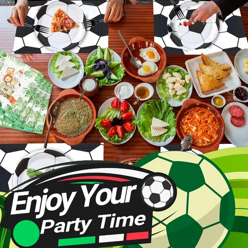 Vista 5 de Paquete de 120 piezas de suministros de fiesta de fútbol, platos de papel, servilletas, tenedores, decoración de cumpleaños para niños para 30