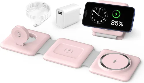 Vista 10 de Iseyyox Estación de carga para dispositivos Apple – Base de carga inalámbrica plegable magnética 3 en 1 – Almohadilla de carga de viaje para MagSafe