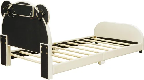 Vista 6 de Cama de plataforma tapizada de tamaño individual con cabecero en forma de oso y rayas de luz incrustadas, bonito marco de cama de plataforma