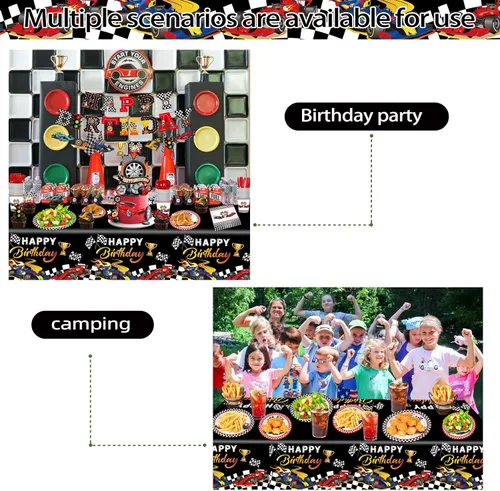 Vista 7 de Las decoraciones de fiesta de cumpleaños de coche de carreras incluyen platos, servilletas, tazas, tenedores, cuchillos, cucharas, pancartas