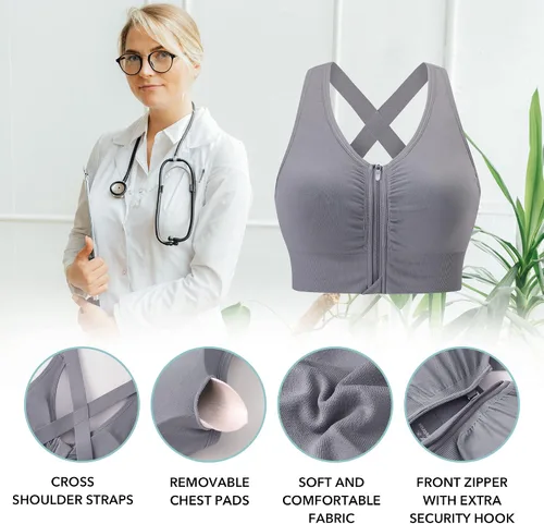 Vista 2 de Evercute Sujetador deportivo con cremallera frontal para mujer, brasier deportivo sin alambre, con tirantes acolchados, soporte medio, para yoga