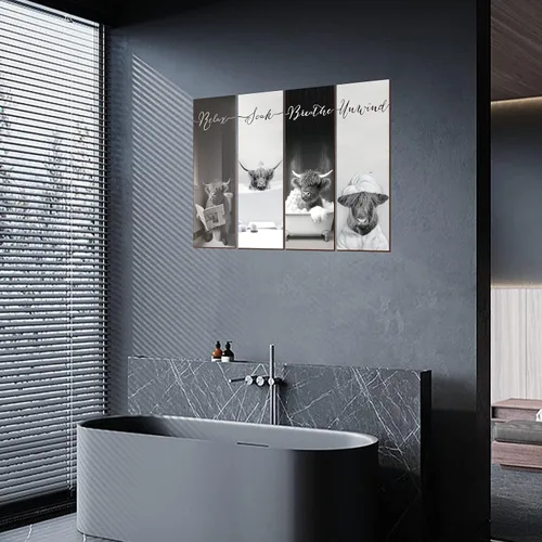 Vista 6 de YLOLUL Letreros de baño de vaca de las montañas de 4 piezas, decoración rústica de granja para el hogar, cuarto de servicio y baño