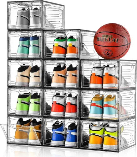 Vista 9 de Paquete de 10 cajas grandes para zapatos de plástico transparente apilables, organizador de almacenamiento de zapatos con tapas, estante