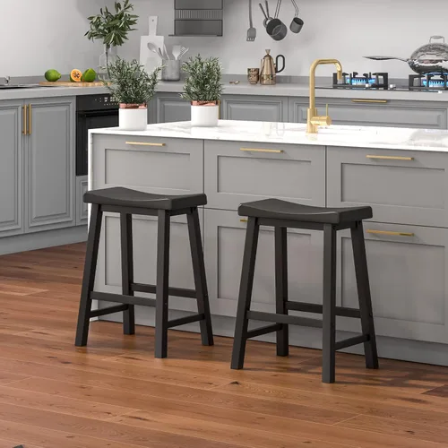 Vista 2 de COSTWAY Juego de 2 taburetes de silla de montar de 24 pulgadas de altura de mostrador con patas de madera maciza y reposapiés, taburetes modernos