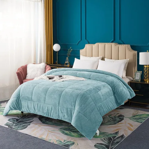 Vista 4 de KASENTEX - Edredón de lujo súper ultra suave de sherpa de pelo sintético, ropa de cama reversible apta para lavar a máquina, en color azul cielo