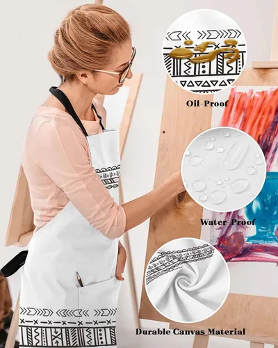Vista 4 de Waterproof Apron with 2 Pockets, Boho Style Black White Geometric Pattern Adjustable Man and Women Kitchen Bib Apron for Baking Cooking Restaurant