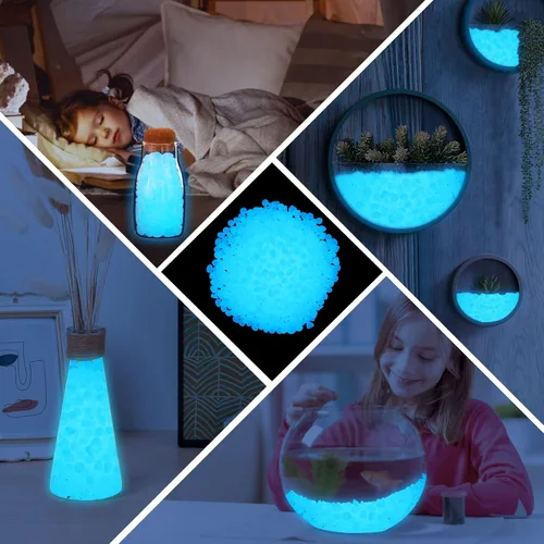 Vista 6 de 300 piezas de piedras que brillan en la oscuridad azules, rocas luminosas pequeñas para exteriores, decoraciones brillantes al aire libre