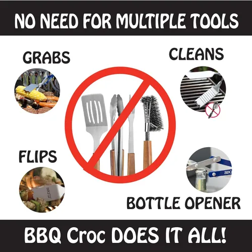 Vista 4 de Herramienta para barbacoa 3 en 1 de 18 pulgadas de BBQ Croc - Pinzas ligeras y largas, espátula y raspador de parrilla (azul)