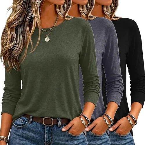 Vista 26 de Zeagoo Paquete de 3 camisetas de manga larga para mujer, estilo casual, suave, cuello redondo, básicas, ropa de otoño Z Rayas Azul 273