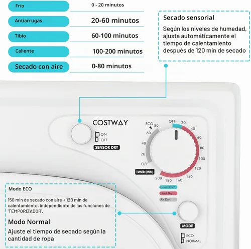 Vista 6 de Secadora portátil de acero inoxidable con panel táctil, 2 modos, 4 programas de secado y ventilación de escape ajustable, 13.2 libras, carga