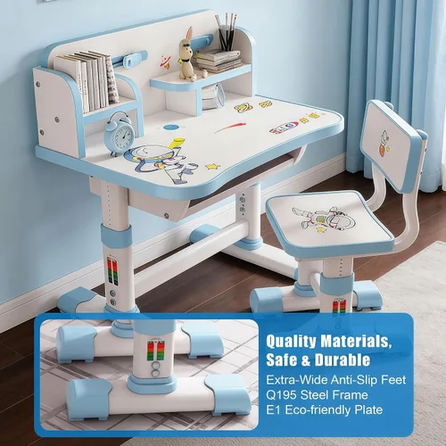 Vista 7 de HEVIRGO Kids Desk and Chair Set – Height Adjustable Blue Study Table Blue-b