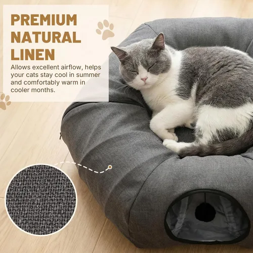 Vista 4 de Cama túnel para gatos de interior, túnel de lino natural refrescante para gatos, túnel transpirable de 29.5 pulgadas para gatos con tapete lavable