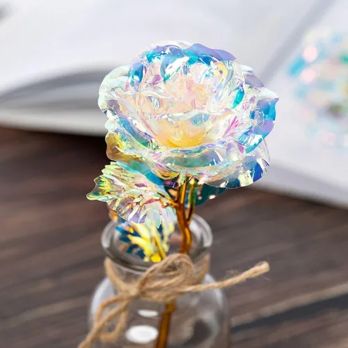Vista 7 de Rosa artificial de imitación chapada en papel de aluminio, flor artificial para el día de San Valentín, Día de la Madre, cumpleaños, regalos de amor